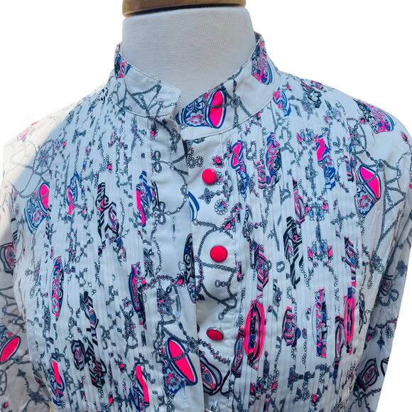 Green & Country Mini Shirt Dress Women's Size 42 White Printed Pintuck Button Up - Picture 3 of 11